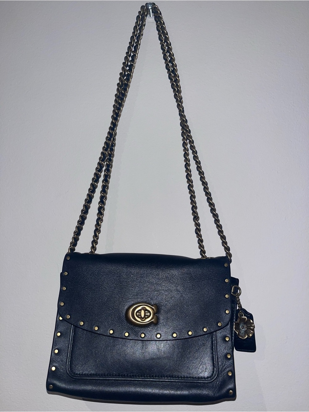 Coach Black Leather Studded Shoulder Bag with Gold Hardware